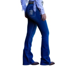 Calça Feminina West Dust Jeans Azul Médio Raia Bootcut Bordado de Cocar Com Brilho de Strass - Ref.CL29308