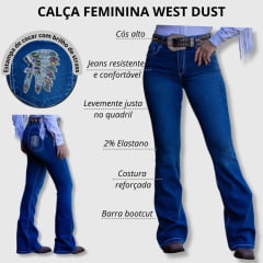 Calça Feminina West Dust Jeans Azul Médio Raia Bootcut Bordado de Cocar Com Brilho de Strass - Ref.CL29308