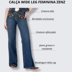 Calça Feminina Zenz Azul Escuro Wide Leg Clarissa Com Bordados em Ocre e Botões Ref.1307