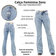 Calça Feminina Zenz Jeans Indiana Azul Claro Flare Com Bordados Total Strass Ref:1504ZW0225001