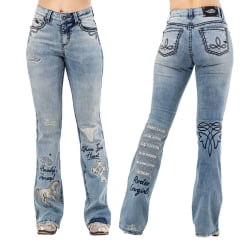 Calça Feminina Zenz Jeans Las Cruces Azul Médio Flare Bordados Variados Com Brilho Ref:1488ZW0225010
