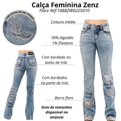Calça Feminina Zenz Jeans Las Cruces Azul Médio Flare Bordados Variados Com Brilho Ref:1488ZW0225010
