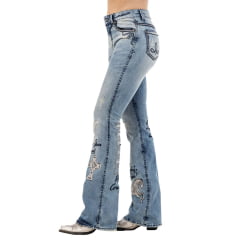 Calça Feminina Zenz Jeans Las Cruces Azul Médio Flare Bordados Variados Com Brilho Ref:1488ZW0225010