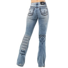 Calça Feminina Zenz Jeans Las Cruces Azul Médio Flare Bordados Variados Com Brilho Ref:1488ZW0225010