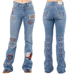 Calça Feminina Zenz Jeans Made In Zw Azul Médio Flare Bordados Variados E Tachinhas Ref: 1490 - ZW0225003