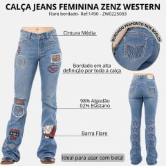 Calça Feminina Zenz Jeans Made In Zw Azul Médio Flare Bordados Variados E Tachinhas Ref: 1490 - ZW0225003