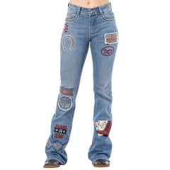 Calça Feminina Zenz Jeans Made In Zw Azul Médio Flare Bordados Variados E Tachinhas Ref: 1490 - ZW0225003