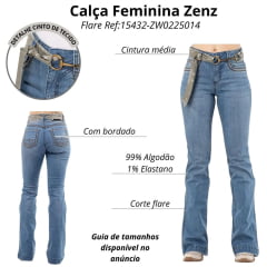 Calça Feminina Zenz Jeans Marfa Flare Bordado Verde Com Cinto De Tecido Fivela Bridão Ref:15432-ZW0225014