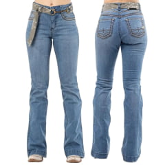 Calça Feminina Zenz Jeans Marfa Flare Bordado Verde Com Cinto De Tecido Fivela Bridão Ref:15432-ZW0225014