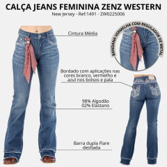Calça Feminina Zenz Jeans New Jersey Azul Flare Dupla Desfiada Bordados Bolsos E Pala Ref: 1491 - ZW0225006