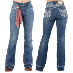 Calça Feminina Zenz Jeans New Jersey Azul Flare Dupla Desfiada Bordados Bolsos E Pala Ref: 1491 - ZW0225006