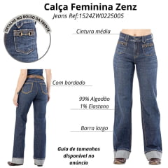 Calça Feminina Zenz Jeans Welcome Azul Barra Dobrada Bordado No Bolso Detalhe Bridão No Bolso Frente Ref:1524ZW0225005