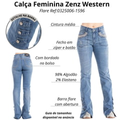 Calça Feminina Zenz Jeans Western Highland Com Bordado No Bolso Barra Flare Com Detalhe Abertura Ref: 0325006-1596