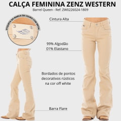 Calça Feminina Zenz Western Barrel Queen Jeans Bege Flare Bordada Ref:ZW0226024-1809