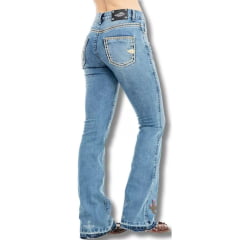 Calça Feminina Zenz Western Jeans Azul Delavê  Bootcut Com Bordados De Bota E Cactus Ref:1345- ALOHA