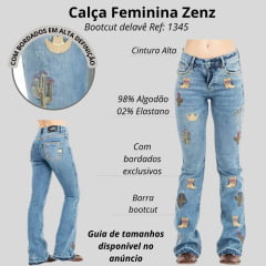 Calça Feminina Zenz Western Jeans Azul Delavê  Bootcut Com Bordados De Bota E Cactus Ref:1345- ALOHA