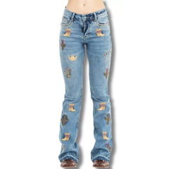 Calça Feminina Zenz Western Jeans Azul Delavê  Bootcut Com Bordados De Bota E Cactus Ref:1345- ALOHA