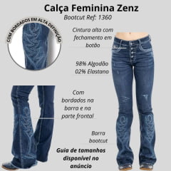 Calça Feminina Zenz Western Jeans Azul Escuro Com Puídos Bootcut Com Bordado Em Azul E Brilho De Botão Ref:1360 PARADISE