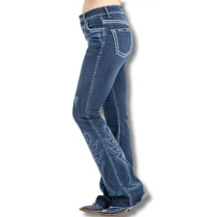 Calça Feminina Zenz Western Jeans Azul Escuro Com Puídos Bootcut Com Bordado Em Azul E Brilho De Botão Ref:1360 PARADISE