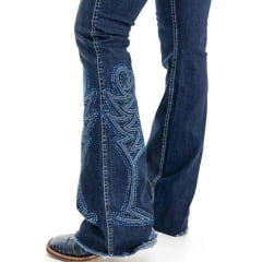 Calça Feminina Zenz Western Jeans Azul Escuro Com Puídos Bootcut Com Bordado Em Azul E Brilho De Botão Ref:1360 PARADISE