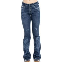 Calça Feminina Zenz Western Jeans Azul Escuro Com Puídos Bootcut Com Bordado Em Azul E Brilho De Botão Ref:1360 PARADISE