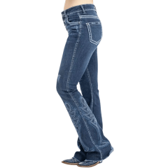Calça Feminina Zenz Western Jeans Azul Escuro Com Puídos Bootcut Com Bordado Em Azul E Brilho De Botão Ref:1360 PARADISE