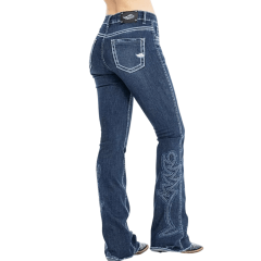 Calça Feminina Zenz Western Jeans Azul Escuro Com Puídos Bootcut Com Bordado Em Azul E Brilho De Botão Ref:1360 PARADISE