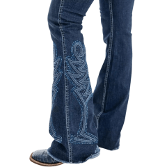 Calça Feminina Zenz Western Jeans Azul Escuro Com Puídos Bootcut Com Bordado Em Azul E Brilho De Botão Ref:1360 PARADISE