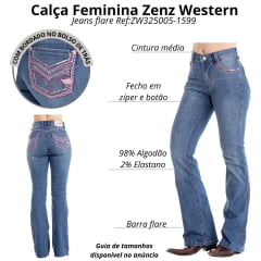 Calça Feminina Zenz Western Jeans Azul Médio Cows Bordado Rosa Pink Com Brilho Flare Ref:ZW325005-1599