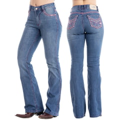 Calça Feminina Zenz Western Jeans Azul Médio Cows Bordado Rosa Pink Com Brilho Flare Ref:ZW325005-1599 Calça Feminina Zenz Western Jeans Azul Médio Cows Bordado Rosa Pink Com Brilho Flare Ref:ZW325005-1599