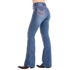 Calça Feminina Zenz Western Jeans Azul Médio Cows Bordado Rosa Pink Com Brilho Flare Ref:ZW325005-1599