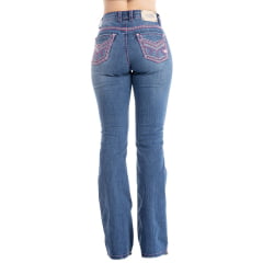Calça Feminina Zenz Western Jeans Azul Médio Cows Bordado Rosa Pink Com Brilho Flare Ref:ZW325005-1599