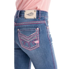 Calça Feminina Zenz Western Jeans Azul Médio Cows Bordado Rosa Pink Com Brilho Flare Ref:ZW325005-1599