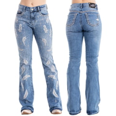 Calça Feminina Zenz Western Jeans Azul Milk Azul Claro Bordado Brilho E Penas Cinza Barra Flare Ref:ZW0325007-1600