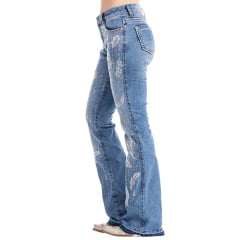Calça Feminina Zenz Western Jeans Azul Milk Azul Claro Bordado Brilho E Penas Cinza Barra Flare Ref:ZW0325007-1600