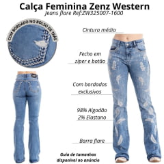 Calça Feminina Zenz Western Jeans Azul Milk Azul Claro Bordado Brilho E Penas Cinza Barra Flare Ref:ZW0325007-1600