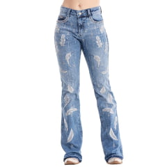 Calça Feminina Zenz Western Jeans Azul Milk Azul Claro Bordado Brilho E Penas Cinza Barra Flare Ref:ZW0325007-1600