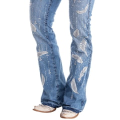 Calça Feminina Zenz Western Jeans Azul Milk Azul Claro Bordado Brilho E Penas Cinza Barra Flare Ref:ZW0325007-1600