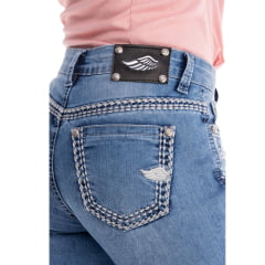 Calça Feminina Zenz Western Jeans Azul Milk Azul Claro Bordado Brilho E Penas Cinza Barra Flare Ref:ZW0325007-1600