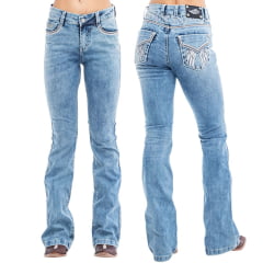 Calça Feminina Zenz Western Jeans Azul Mountain Flare Bordado Com Brilho Ref:ZW0125021-1418