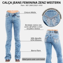 Calça Feminina Zenz Western Jeans Azul Mountain Flare Bordado Com Brilho Ref:ZW0125021-1418