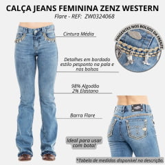 Calça Feminina Zenz Western Jeans Bikini Com Bordado Bolsos-Pingentes Country E Barra Flare REF: ZW0324068-1361