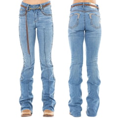 Calça Feminina Zenz Western Jeans Bit Azul Médio Bootcut Cinto De Couro Bridão Bordados Ref:ZWO226018-1755