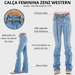 Calça Feminina Zenz Western Jeans Bit Azul Médio Bootcut Cinto De Couro Bridão Bordados Ref:ZWO226018-1755