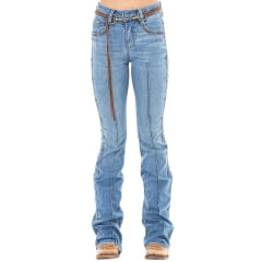 Calça Feminina Zenz Western Jeans Bit Azul Médio Bootcut Cinto De Couro Bridão Bordados Ref:ZWO226018-1755