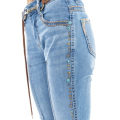 Calça Feminina Zenz Western Jeans Bit Azul Médio Bootcut Cinto De Couro Bridão Bordados Ref:ZWO226018-1755