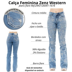 Calça Feminina Zenz Western Jeans Cabins Azul Claro Bootcut Com Bordados E Strass Ref:ZWO126041-1678