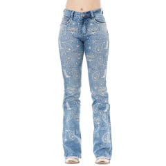 Calça Feminina Zenz Western Jeans Cabins Azul Claro Bootcut Com Bordados E Strass Ref:ZWO126041-1678