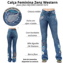 Calça Feminina Zenz Western Jeans Camp Azul Bordados Azul Royal Strass Barra Flare Ref:ZWO126039-1673