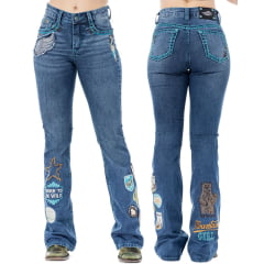Calça Feminina Zenz Western Jeans Camp Azul Bordados Azul Royal Strass Barra Flare Ref:ZWO126039-1673